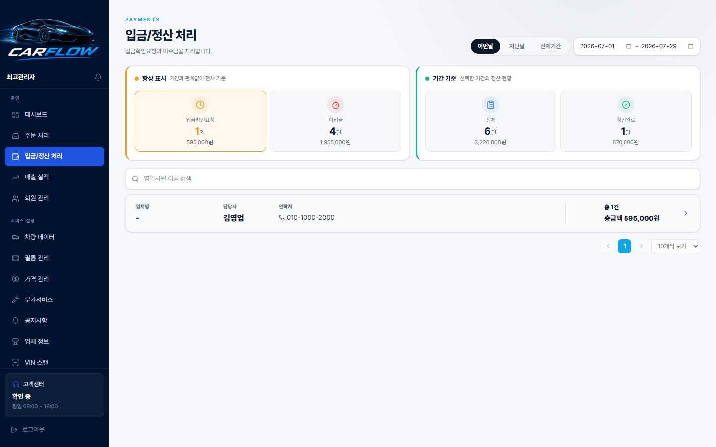 CARFLOW — 관리자 입금·정산 처리